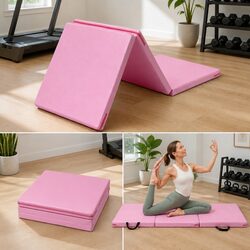 Gymnastics Mat 180x60cm Folding Exercise Floor Mat 3 Fold Tumbling Portable Pink