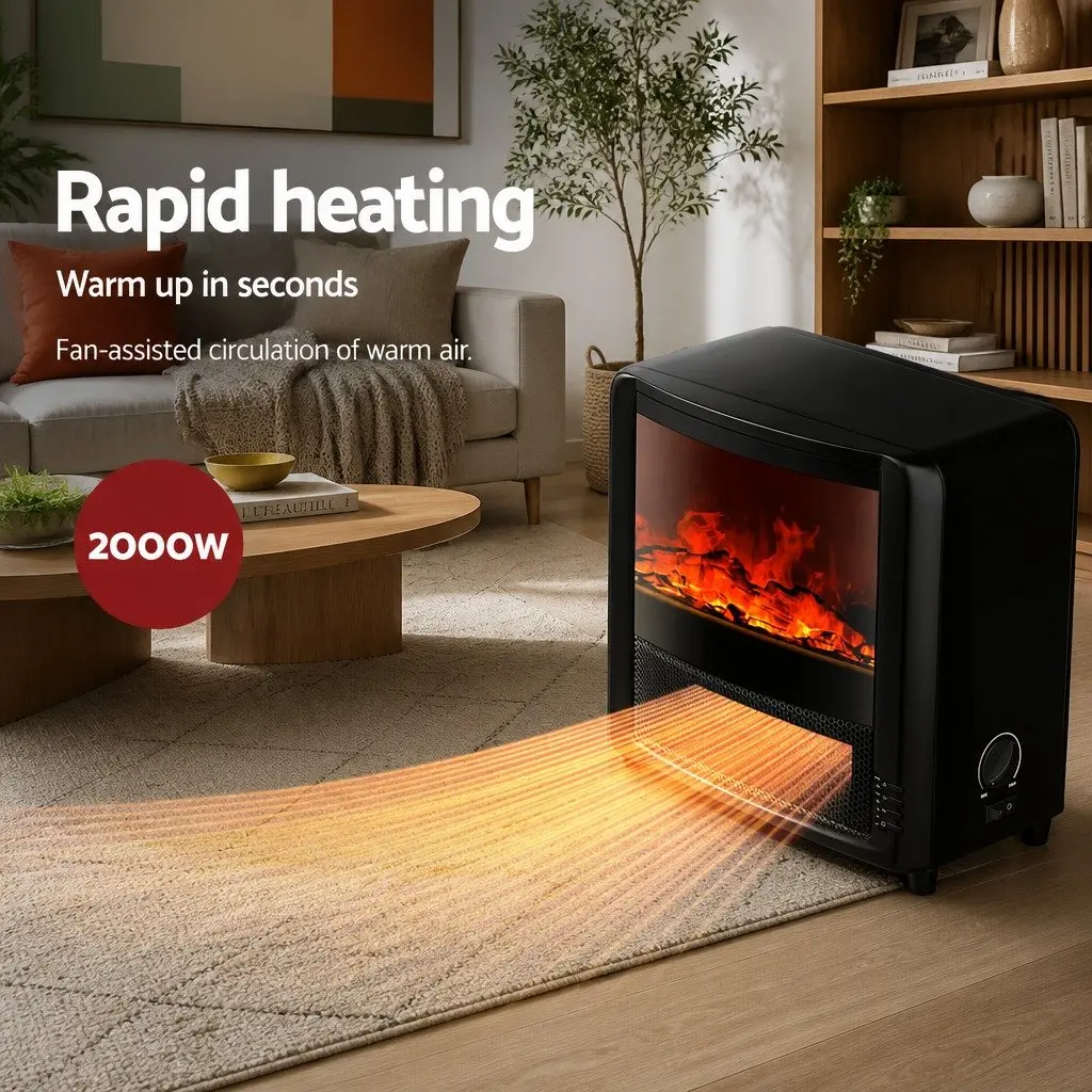 Electric Fireplace Heater 2000W Freestanding Indoor Black with 3D Flame Effect and Adjustable Thermostat