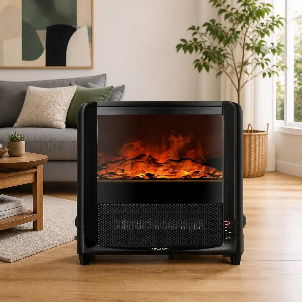 Electric Fireplace Heater 2000W Freestanding Indoor Black with 3D Flame Effect and Adjustable Thermostat