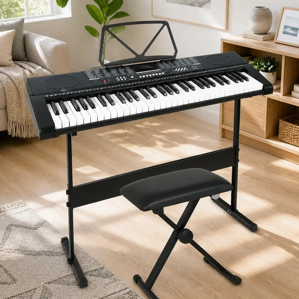 61-Key Electronic Piano Keyboard Portable Digital Black with Stand and Stool