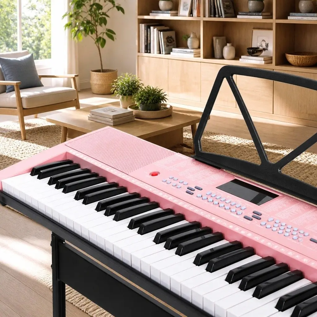 61-Key Electronic Keyboard Piano Lighted Keys Portable Pink