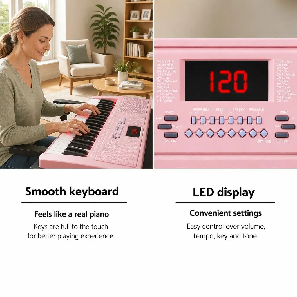 61-Key Electronic Keyboard Piano Lighted Keys Portable Pink