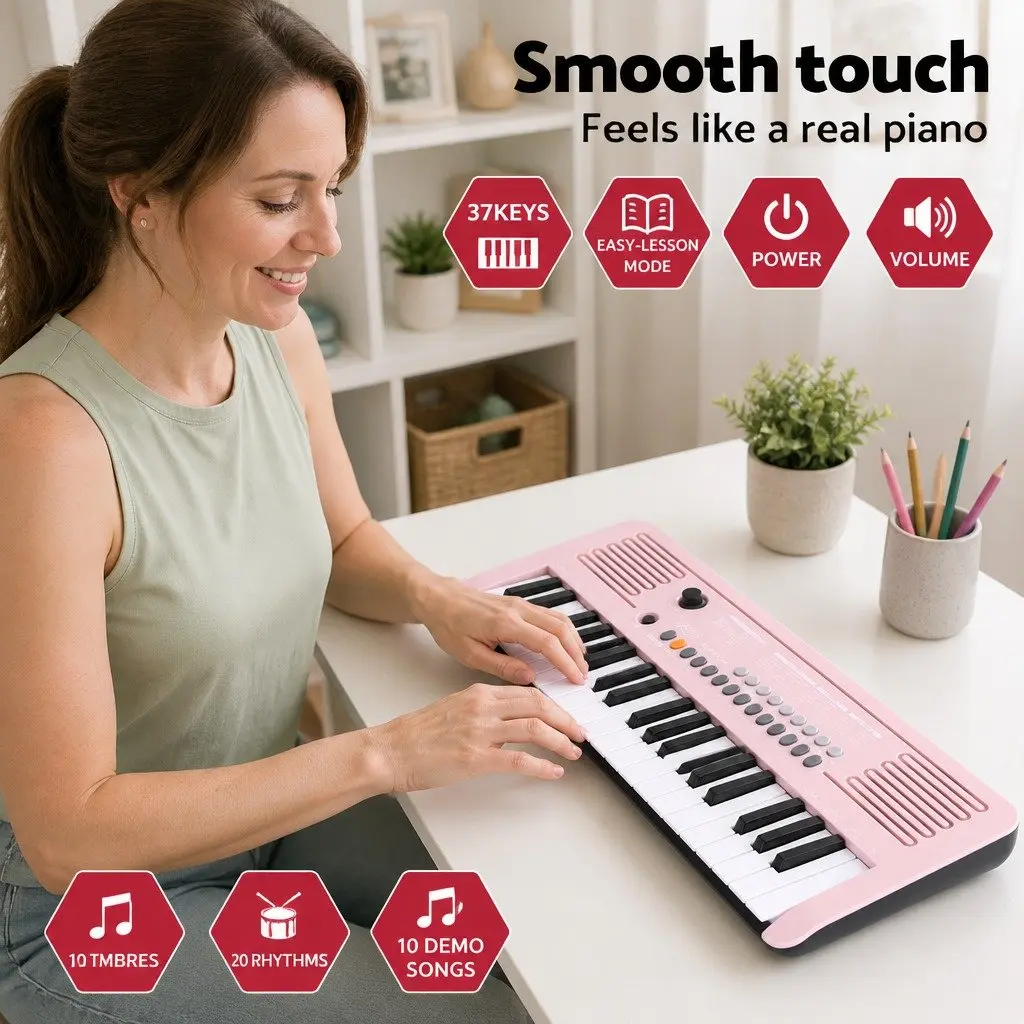 37-Key Digital Piano Keyboard Interactive Lesson Mode Portable Compact Pink