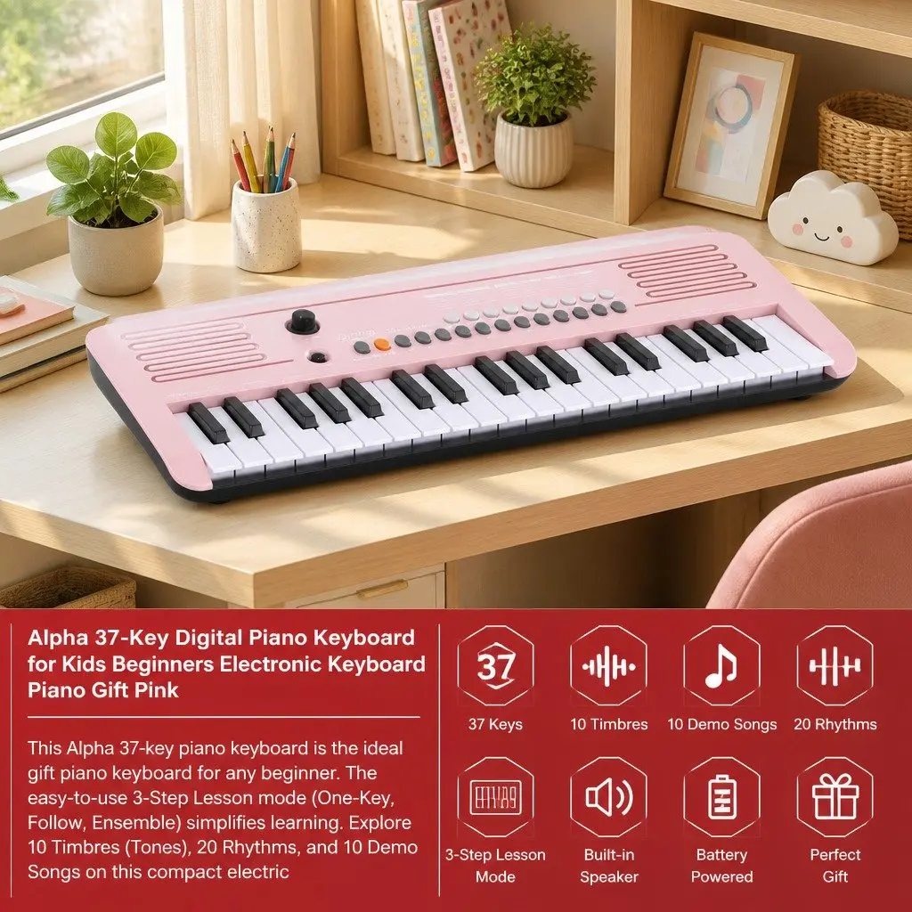37-Key Digital Piano Keyboard Interactive Lesson Mode Portable Compact Pink
