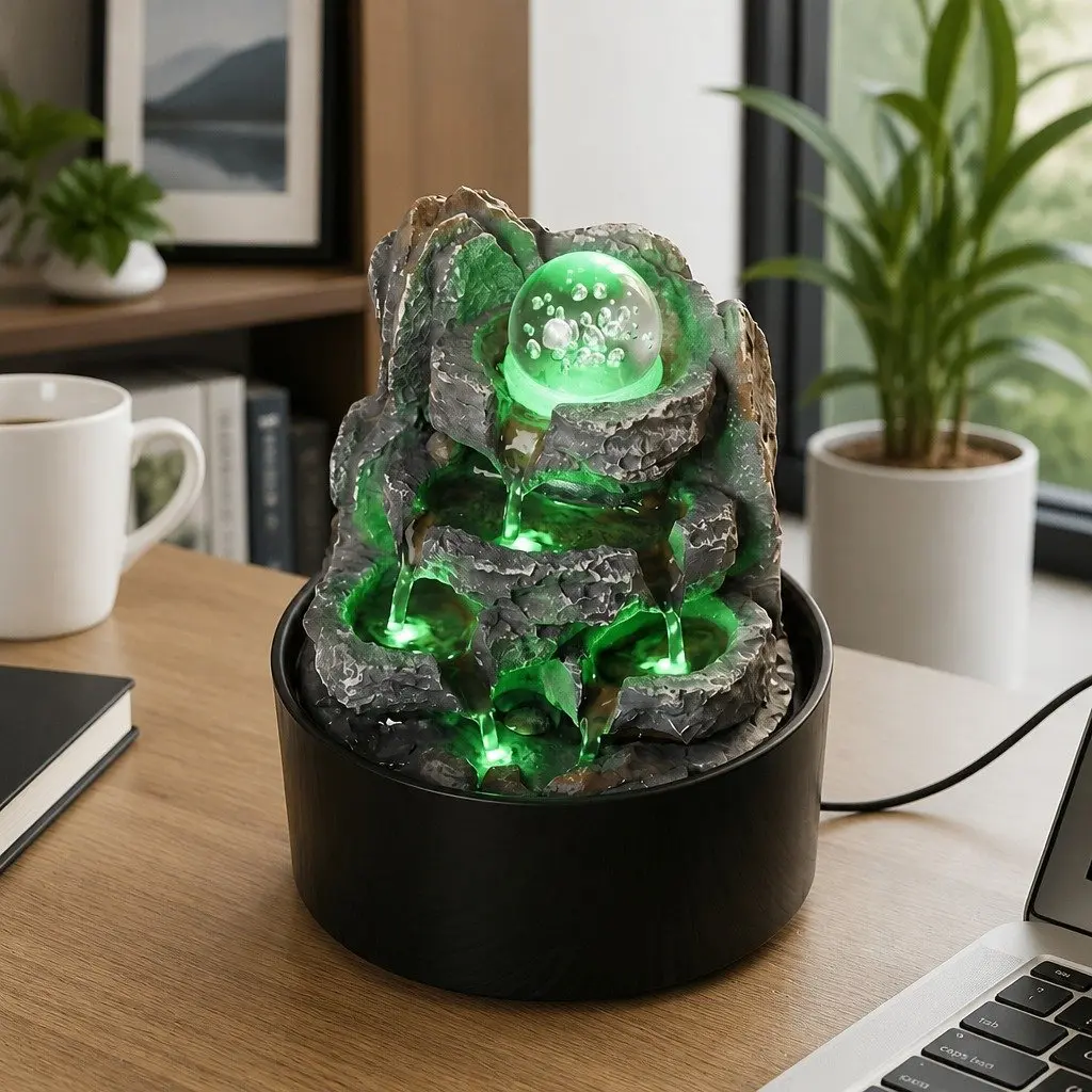 Tabletop Water Fountain Resin LED Light 3 Flow Levels Grey Black Brown