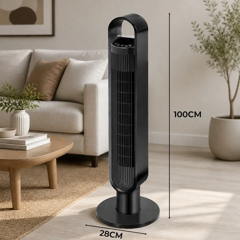 Bladeless Tower Fan Portable Black 80° Swivel Remote Control Quiet Air Purifier
