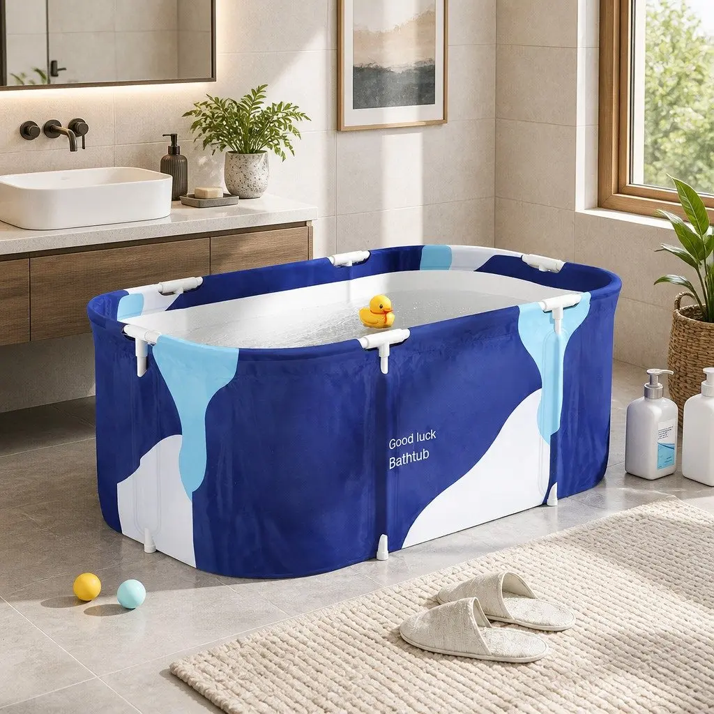 Foldable Bathtub PVC Inflatable Cushion 114x62cm Navy Blue Portable