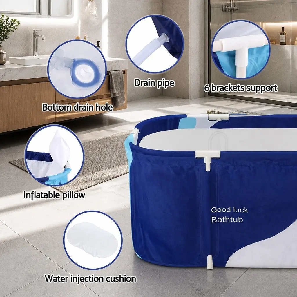 Foldable Bathtub PVC Inflatable Cushion 114x62cm Navy Blue Portable