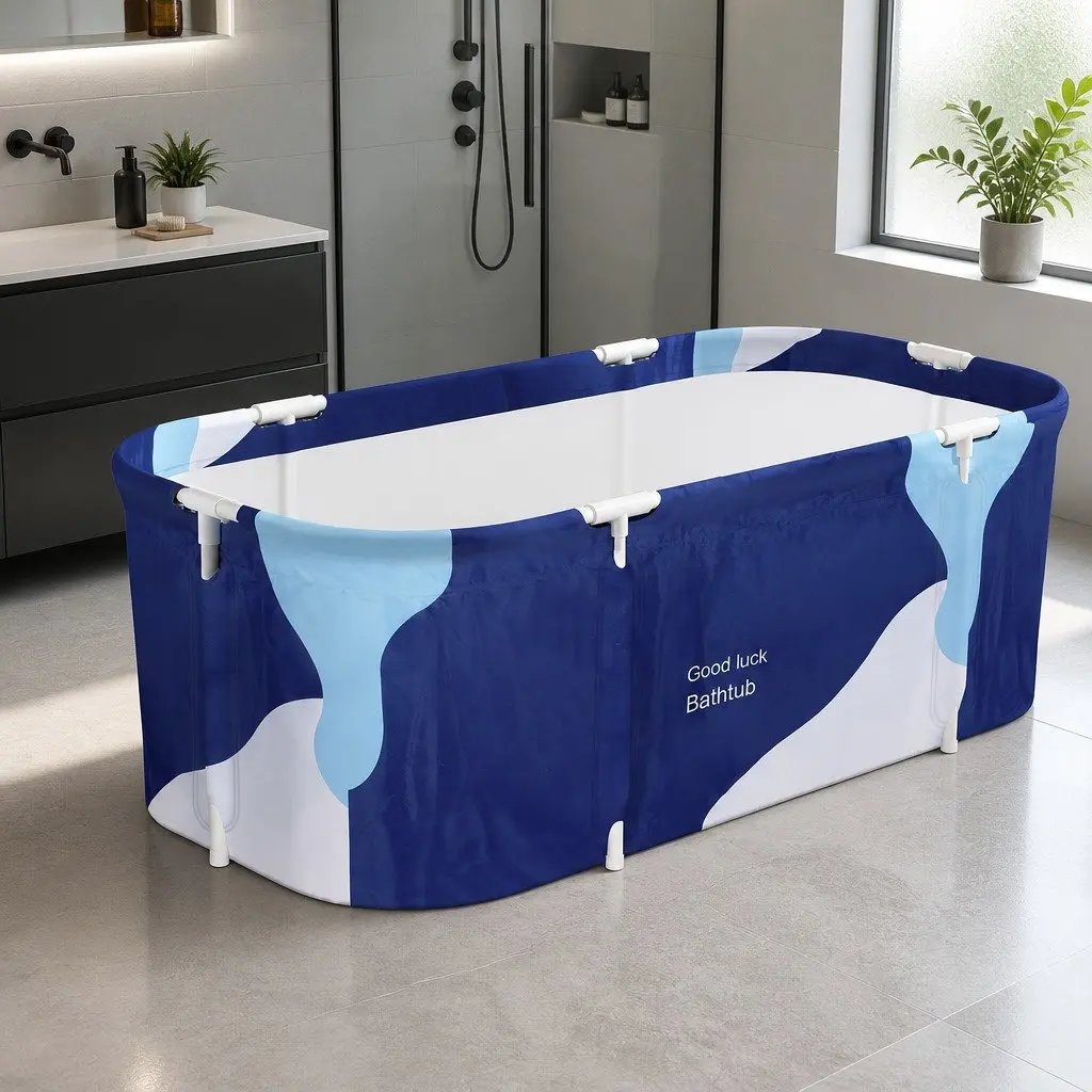 Foldable Bathtub Portable Inflatable Spa Navy Blue 134 x 65 x 46.5 cm Indoor Outdoor