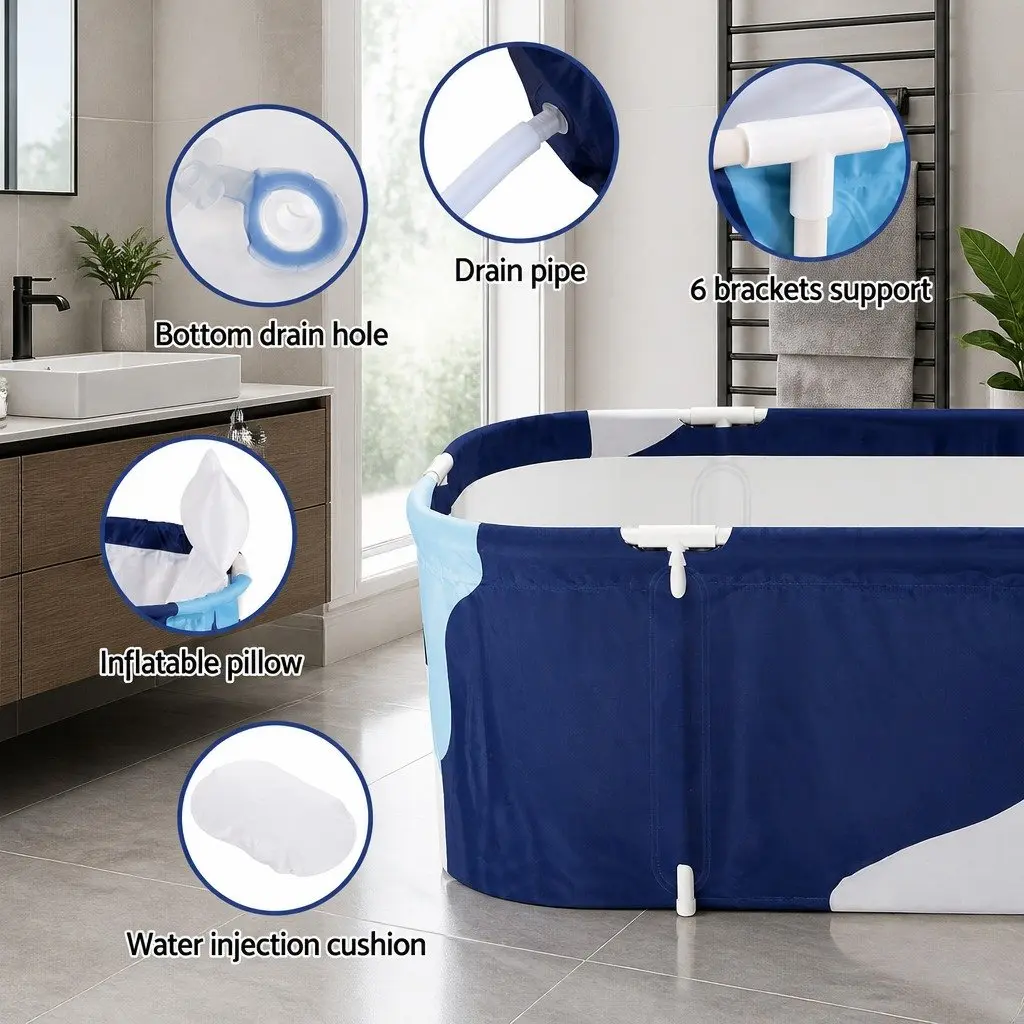 Foldable Bathtub Portable Inflatable Spa Navy Blue 134 x 65 x 46.5 cm Indoor Outdoor