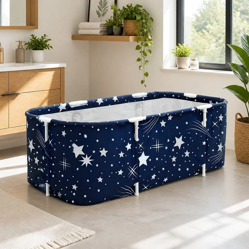 Foldable Bathtub Extra-Large Capacity 134x65cm Navy Blue PVC Inflatable Spa Bucket Indoor Outdoor