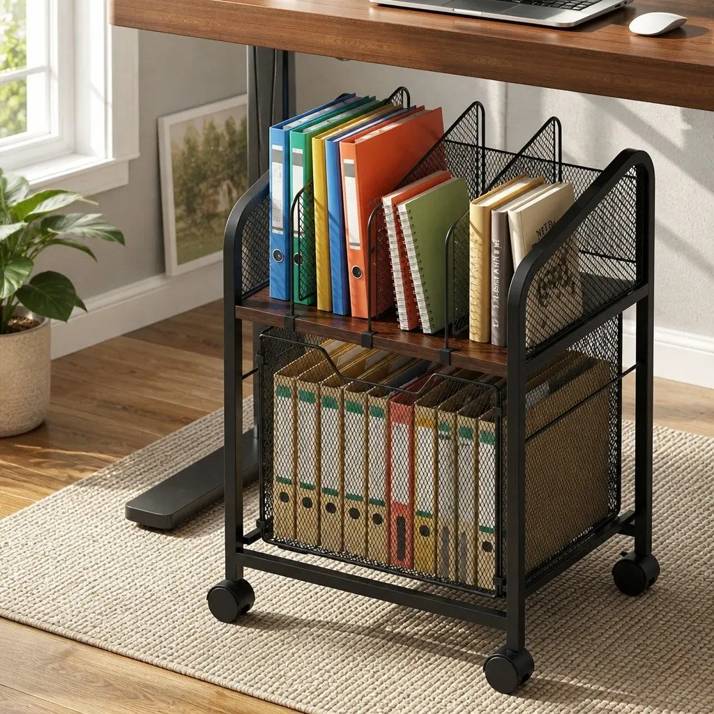 Mobile Filing Cabinet Storage Organiser Compact Black Solid Wood Top with Adjustable Dividers and Locking Wheels