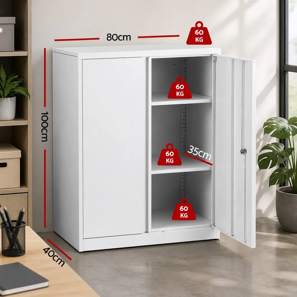 Steel Filing Cabinet 3-Point Lock Adjustable Shelves Office White