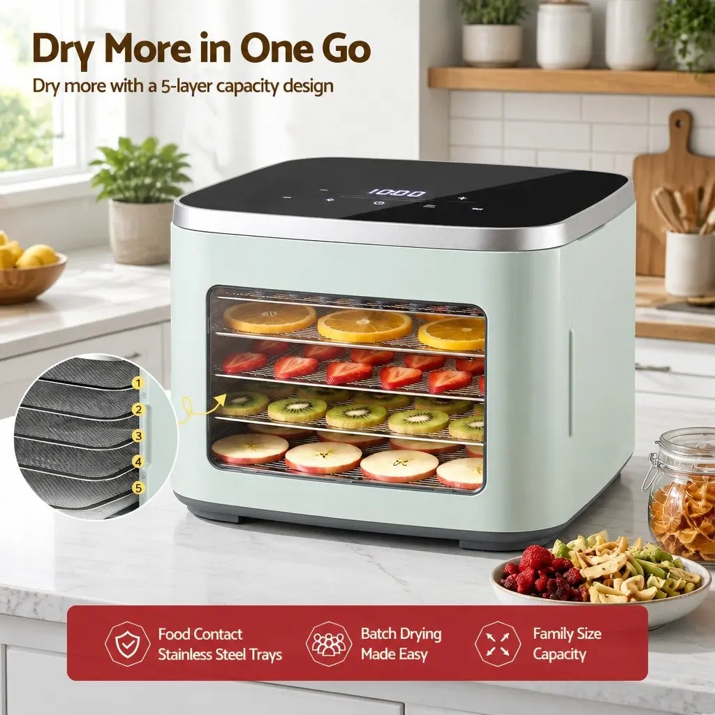 Food Dehydrator Machine 5 Tray Adjustable Temperature Compact Green
