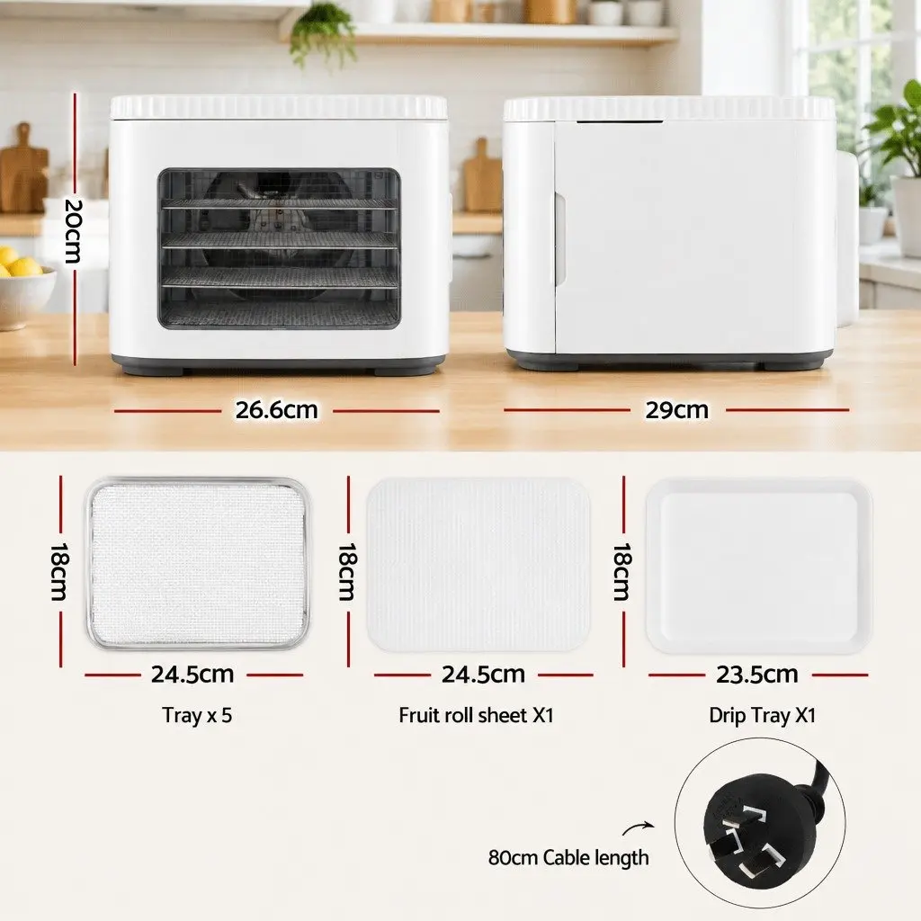 Food Dehydrator Machine Compact 5 Tray Adjustable Temperature White