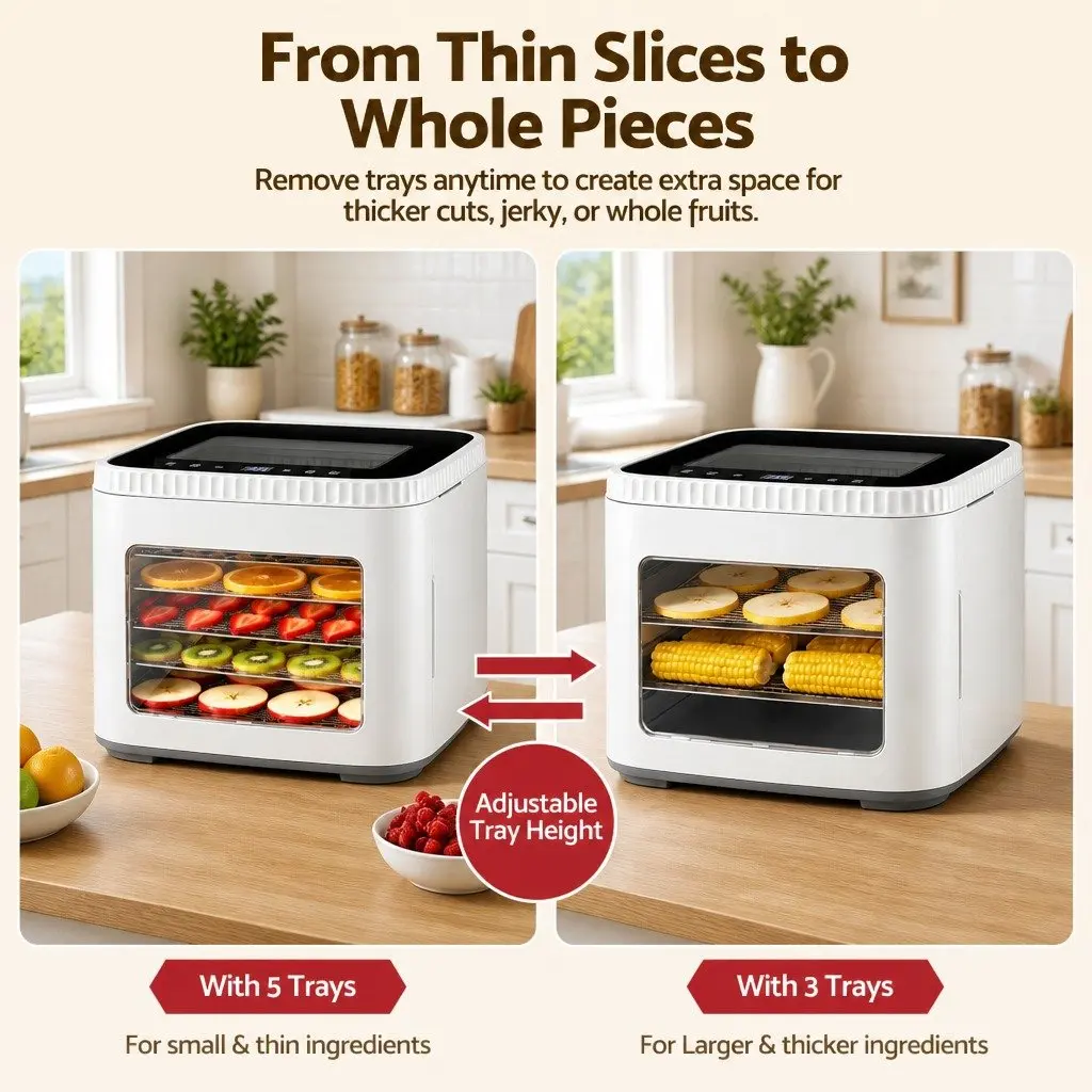 Food Dehydrator Machine Compact 5 Tray Adjustable Temperature White