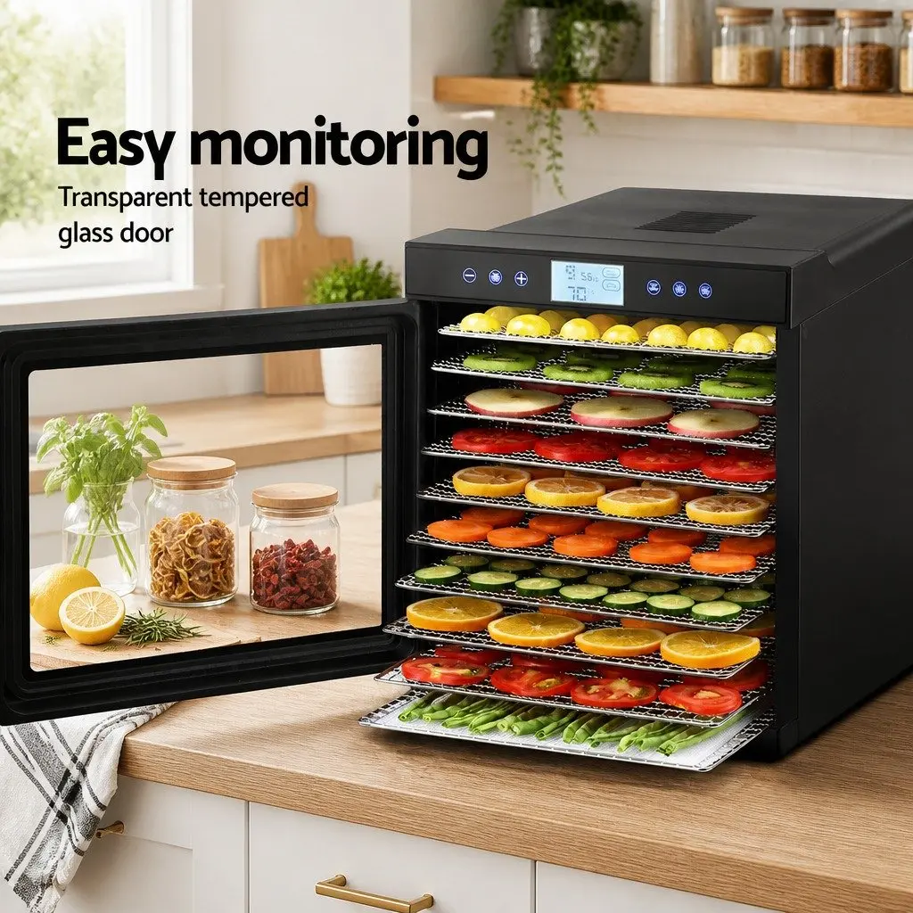 Food Dehydrator 10 Trays Stainless Steel Digital Temperature Control Black