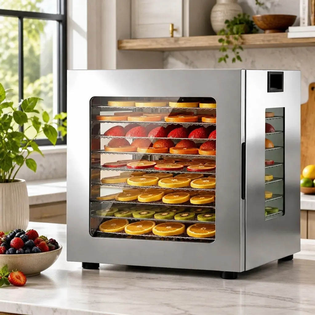10 Tray Food Dehydrator Stainless Steel Glass Door LED Touch Control Adjustable Temperature Timer