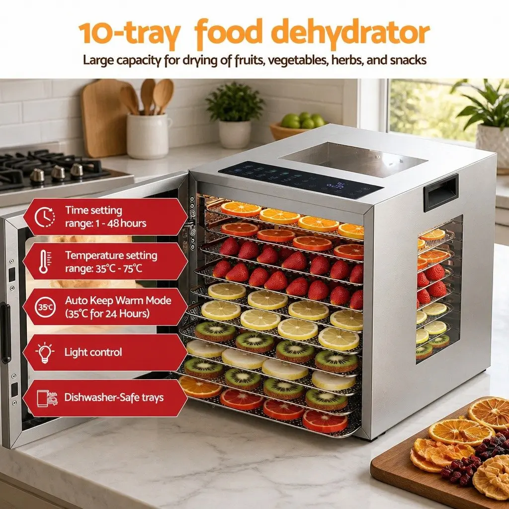 10 Tray Food Dehydrator Stainless Steel Glass Door LED Touch Control Adjustable Temperature Timer