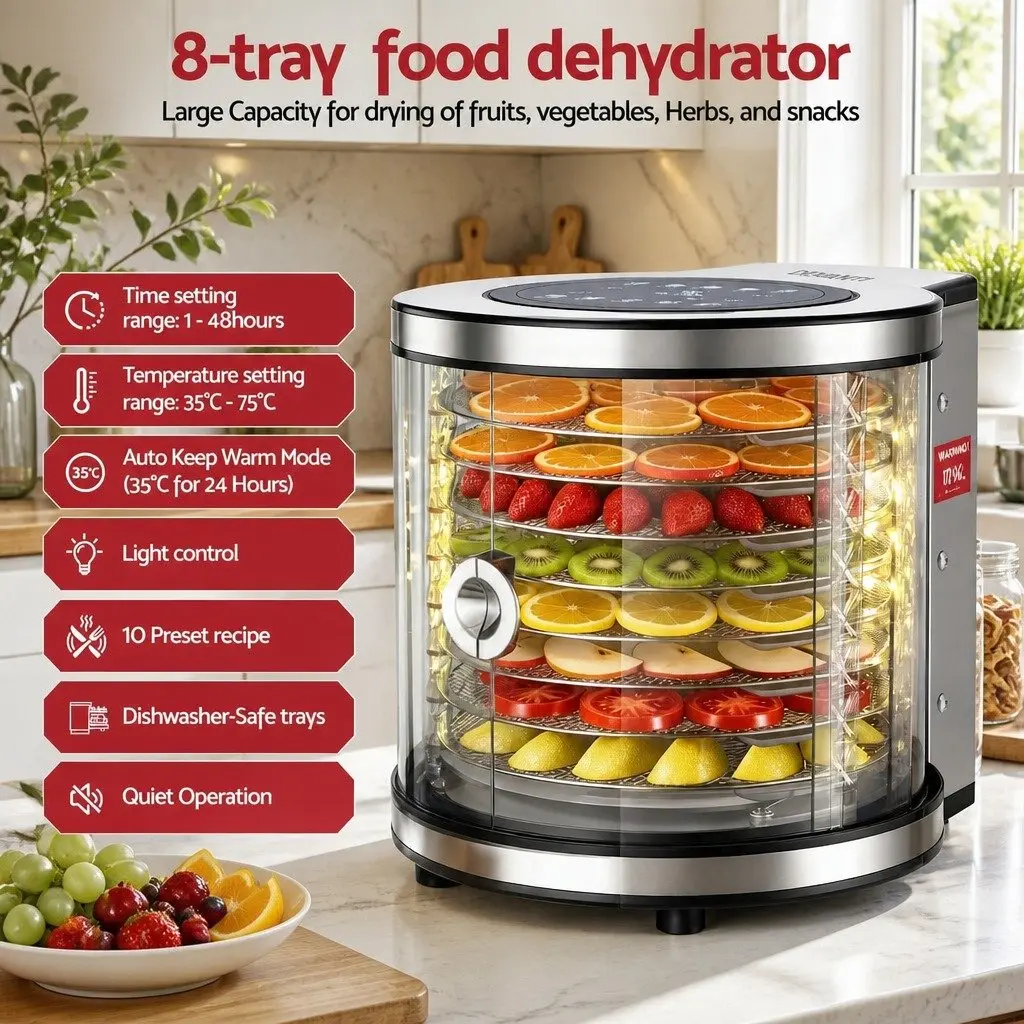 Food Dehydrator 8 Trays Stainless Steel Auto-Rotate 10 Programs LED Touch Panel