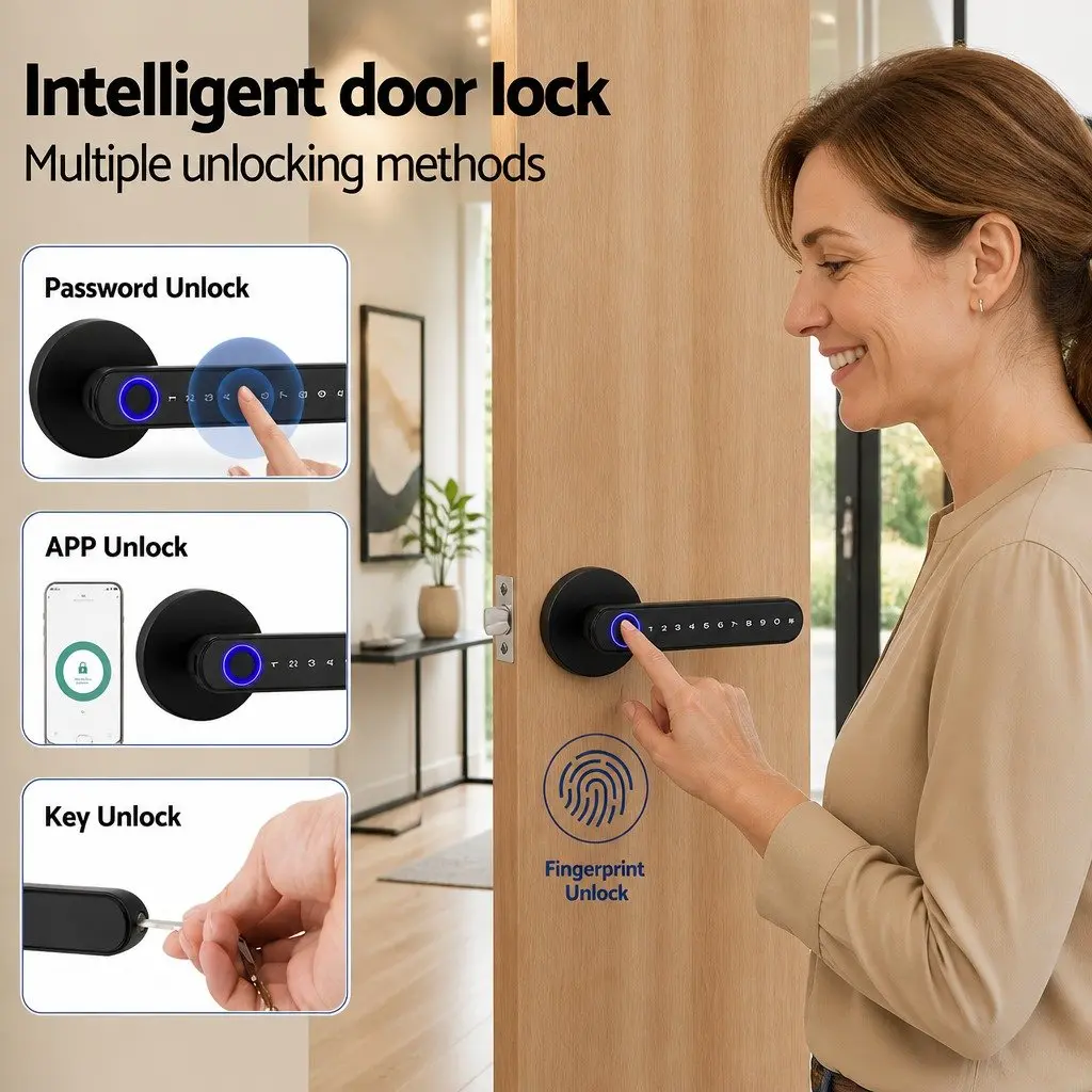 Fingerprint Door Lock Smart Electronic Handle Keyless Access Bluetooth App Black
