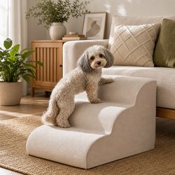 Dog Ramp Pet Stairs 3 Tier Foam Step Ladder Bed Sofa Access Beige Washable Cover