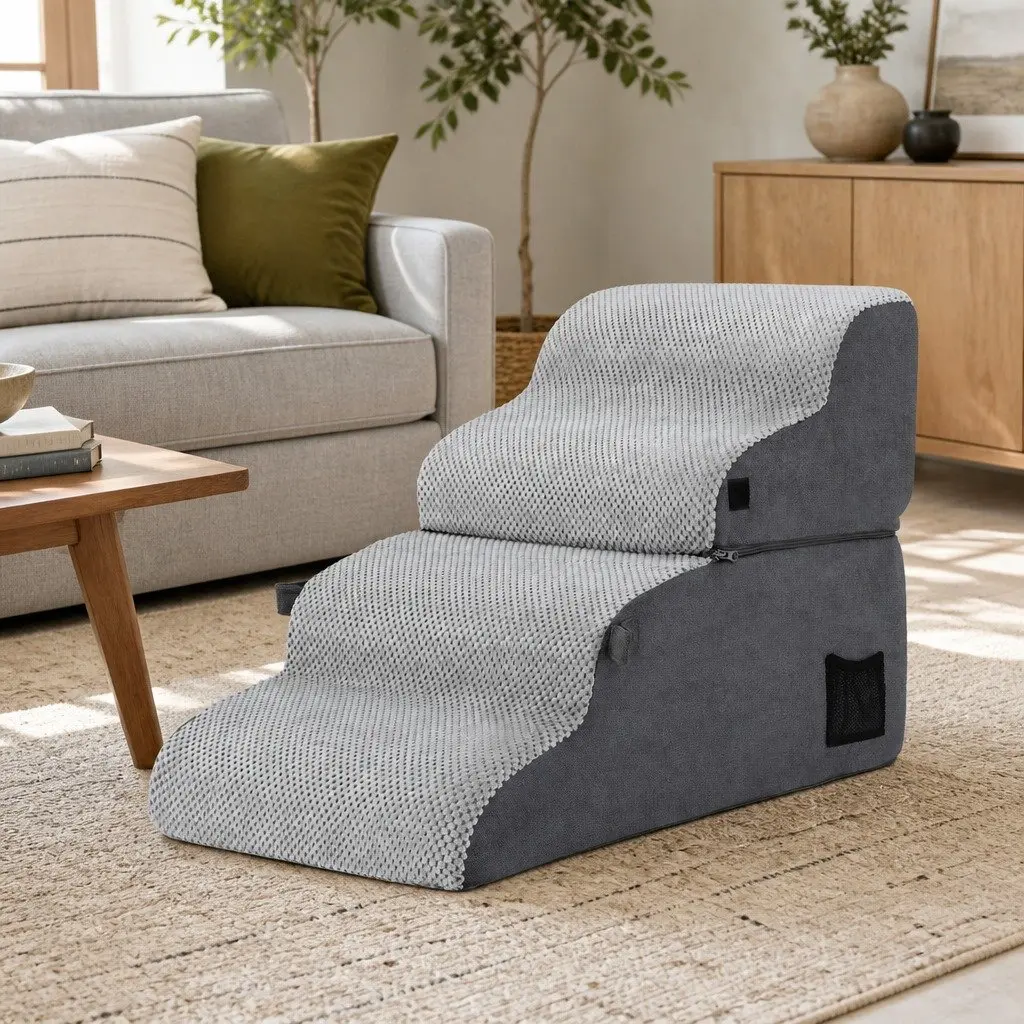 Dog Stairs and Bed 2-in-1 Foam Pet Ramp Sofa Car Steps Non-Slip Washable Grey