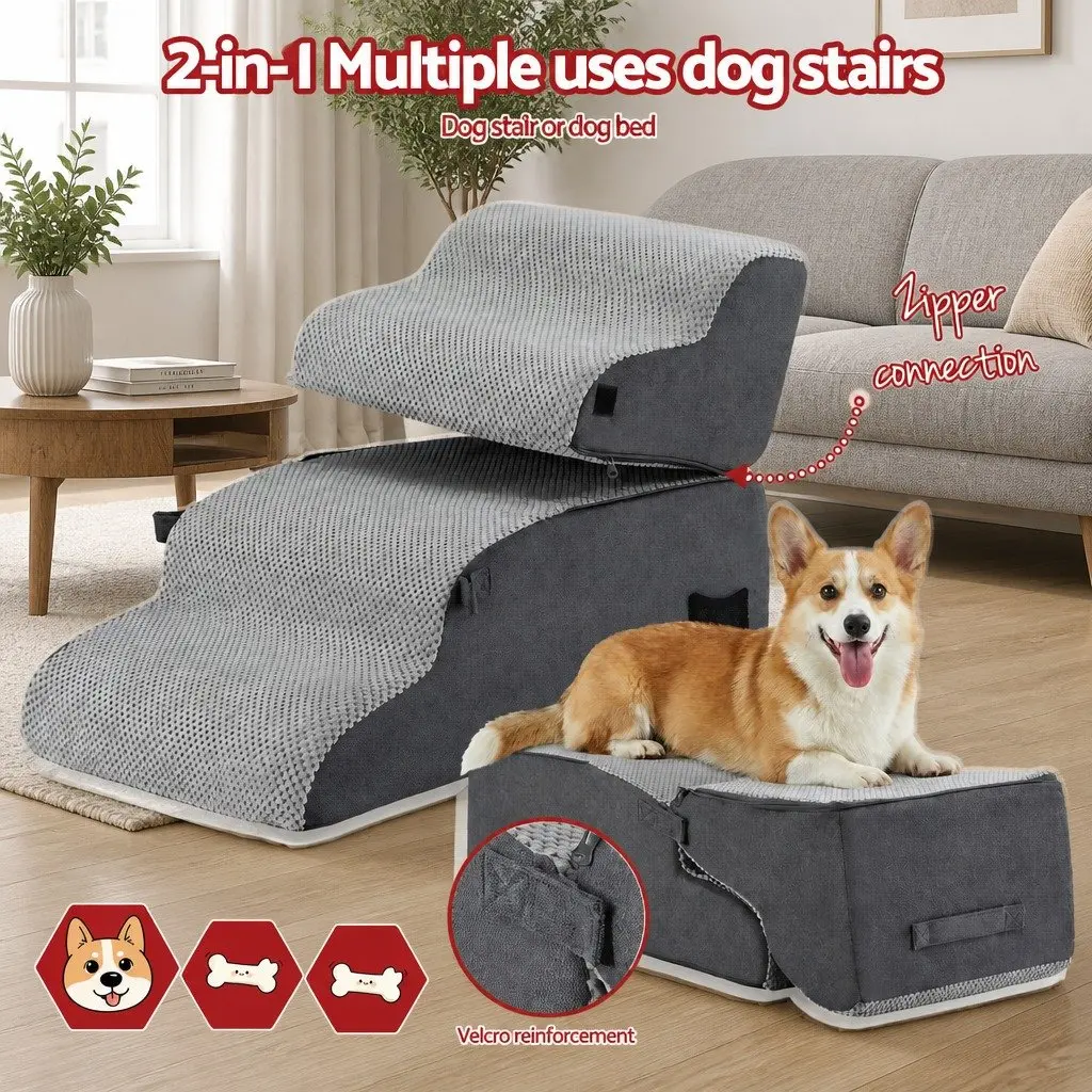 Dog Steps and Ramps 2-in-1 Foam Non-Slip Washable Grey