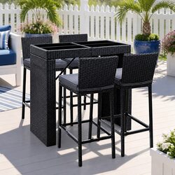 5-Piece Outdoor Bar Set Dining Table Stools Wicker Patio Black