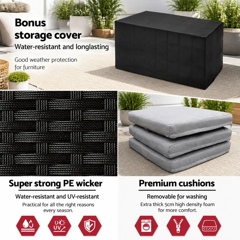 7 Piece Outdoor Bar Set Wicker Dining Table and Stools Black with Tempered Glass Top