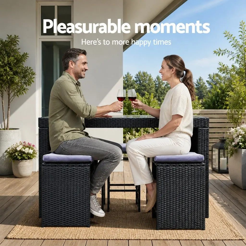7 Piece Outdoor Bar Set Wicker Dining Table and Stools Black with Tempered Glass Top