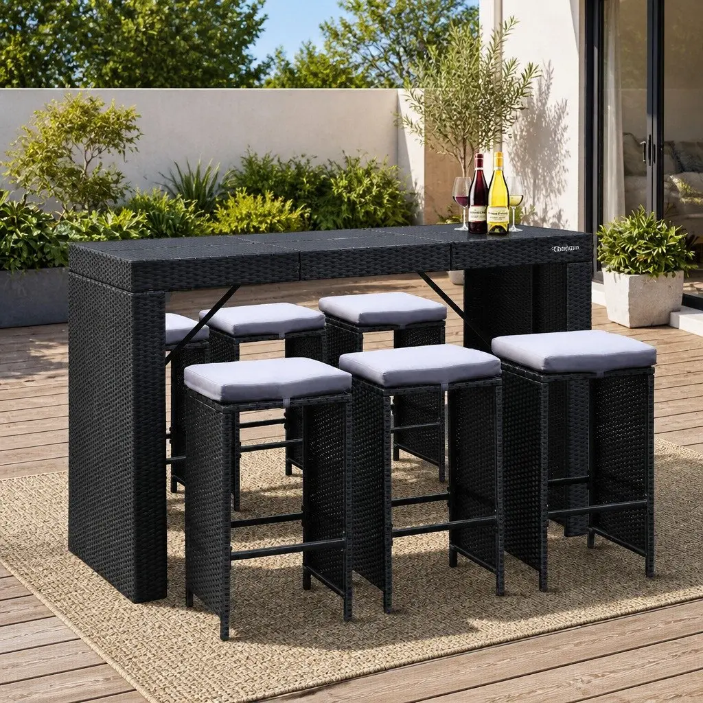 7 Piece Outdoor Bar Set Wicker Dining Table and Stools Black with Tempered Glass Top