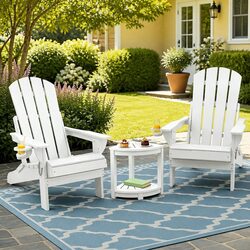 Outdoor Adirondack Folding Chair and Table Set Patio Furniture White HDPE 3