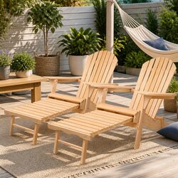 Adirondack Outdoor Chairs with Ottoman Wooden Sun Lounge Patio Furniture Garden