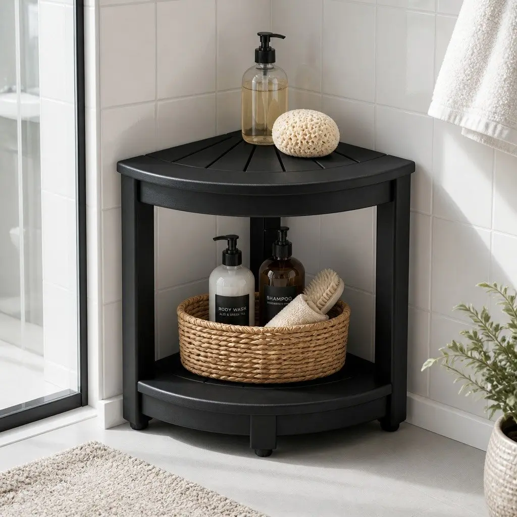 Corner Shower Stool Bench Side Table Waterproof Black HDPE 46x32x43cm
