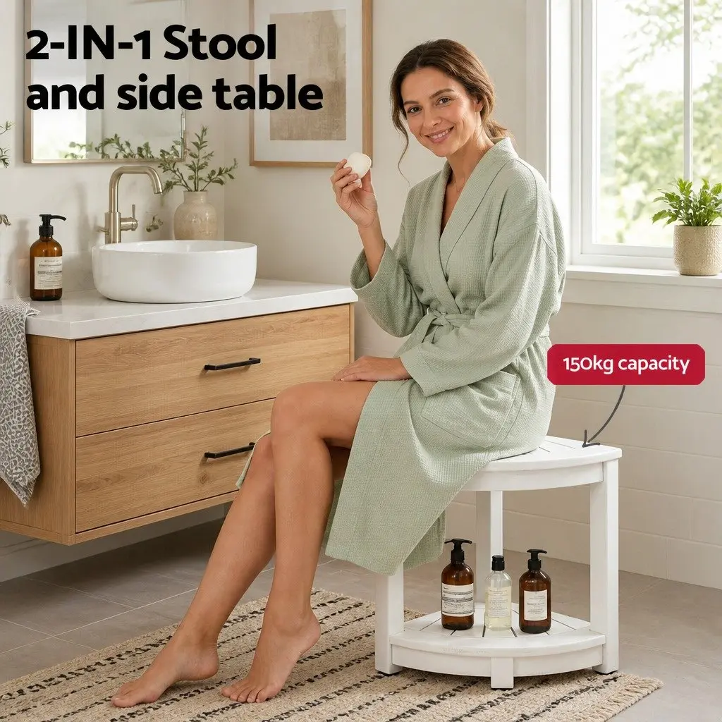 Corner Shower Stool Side Table Storage Bench Weather-resistant HDPE White 46 x 32 x 43cm