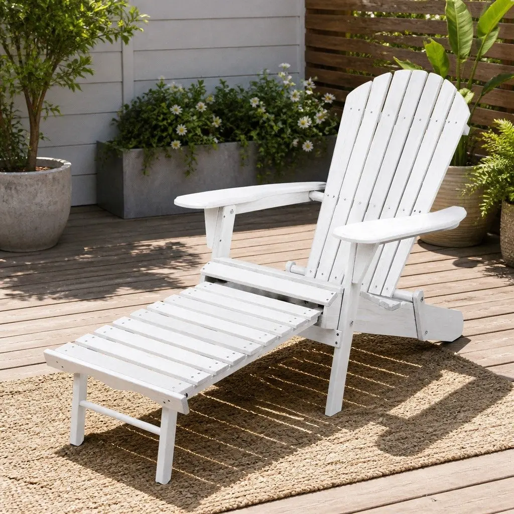 Adirondack Lounge Chair Wooden Foldable with Slide-out Ottoman White