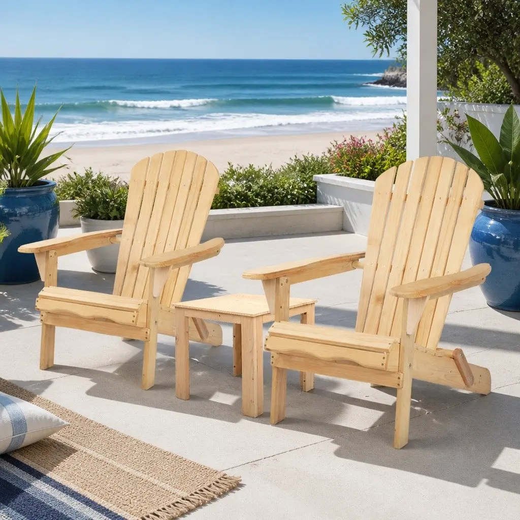 Adirondack Outdoor Table and Chairs Set 3 Piece Wooden Foldable Light Wood Tone