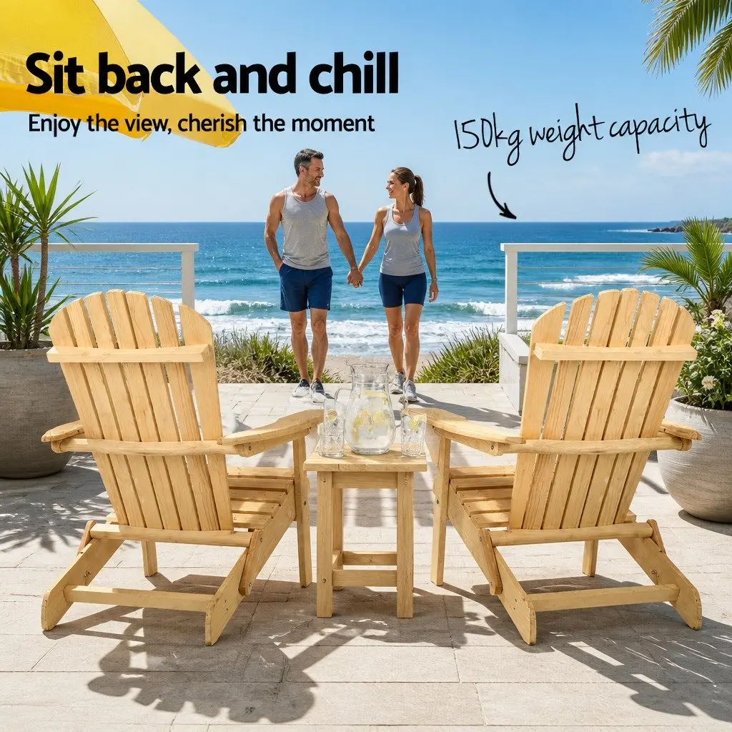 Adirondack Outdoor Table and Chairs Set 3 Piece Wooden Foldable Light Wood Tone