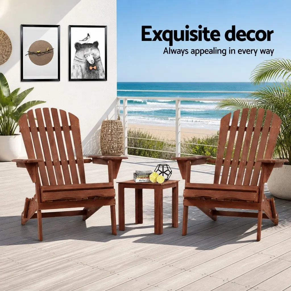 3-Piece Adirondack Outdoor Lounge Set Foldable Wooden Chairs Brown