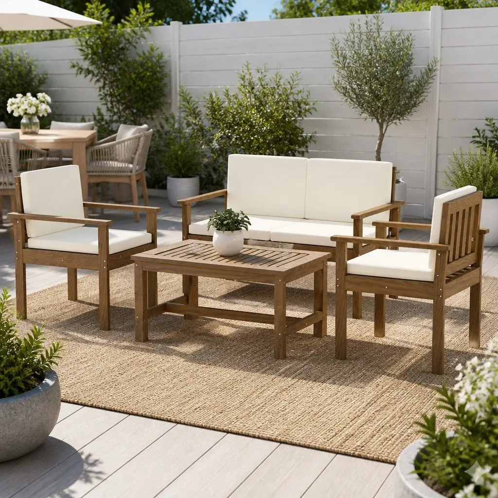 4-Piece Outdoor Sofa Set Wooden Couch Lounge with Cushions Brown White