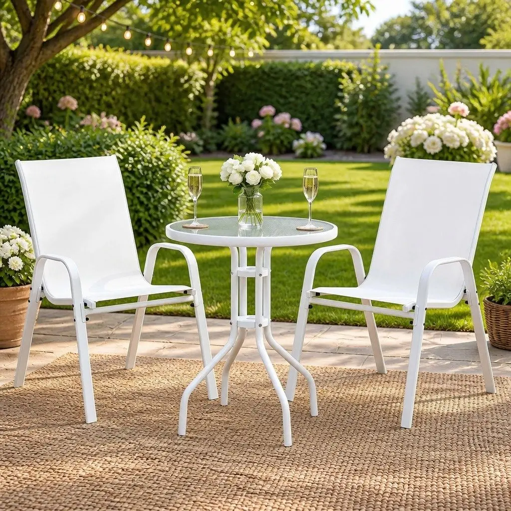 3PC Outdoor Bistro Dining Set Stackable Chairs Patio Furniture White Tempered
