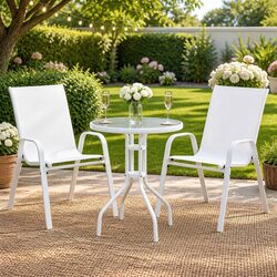 3PC Outdoor Bistro Dining Set Stackable Chairs Patio Furniture White Tempered