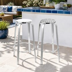 Outdoor Bar Stools Silver Aluminum Patio Furniture Set of 2 Indoor Garden