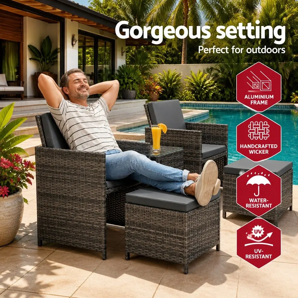 5 Piece Wicker Outdoor Bistro Set with Chairs Ottoman and Glass Table Yellow