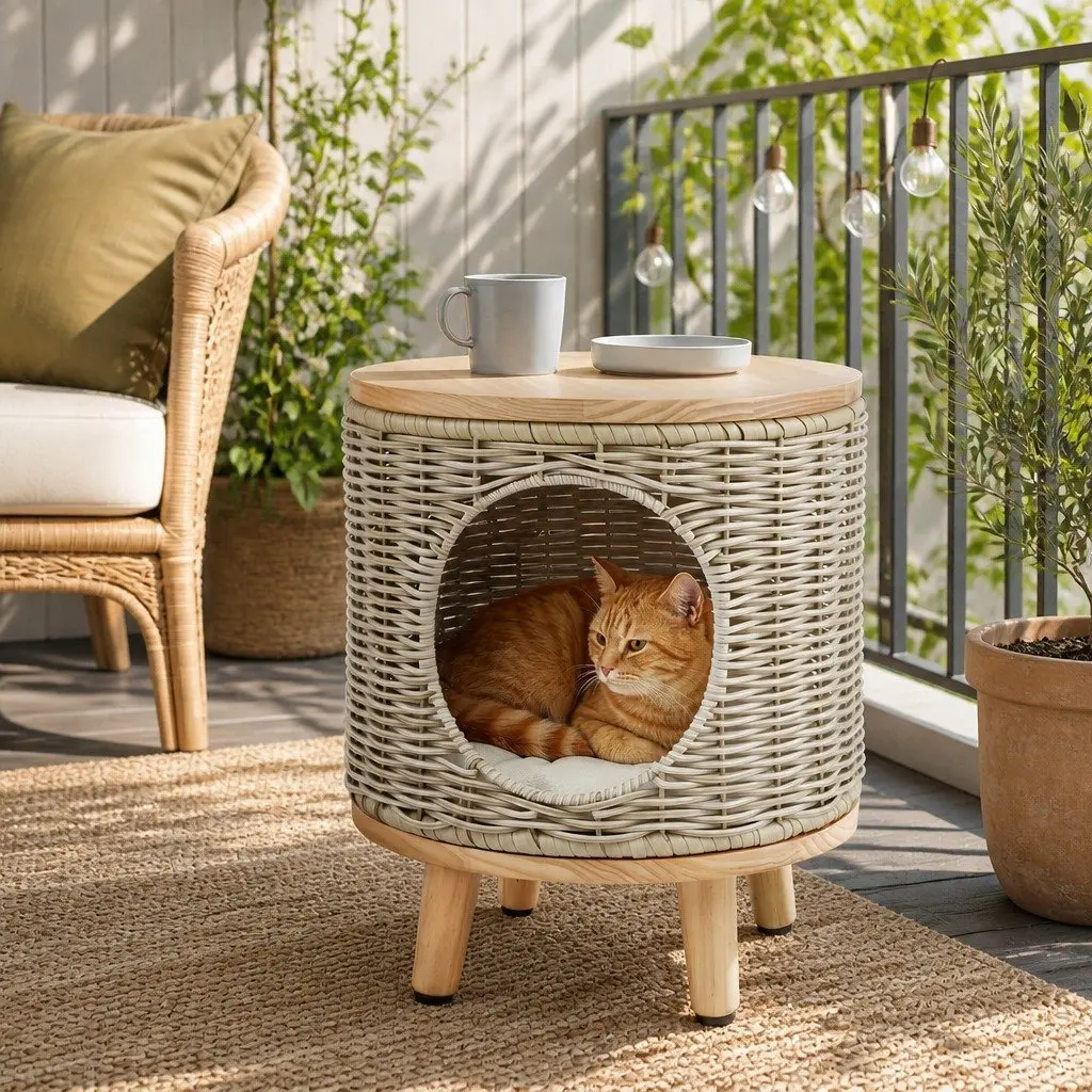 Wicker Side Table with Steel Frame 2-in-1 Coffee Table and Pet Bed Indoor Outdoor Beige