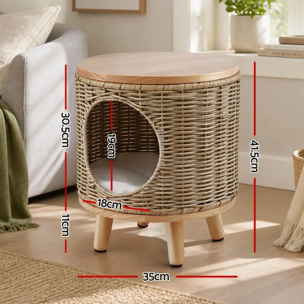 Wicker Side Table with Steel Frame 2-in-1 Coffee Table and Pet Bed Indoor Outdoor Beige