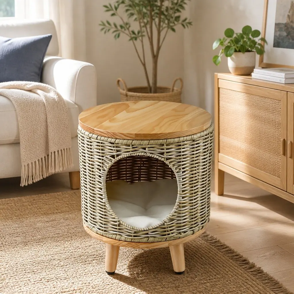 Wicker Side Table with Steel Frame 2-in-1 Coffee Table and Pet Bed Indoor Outdoor Beige