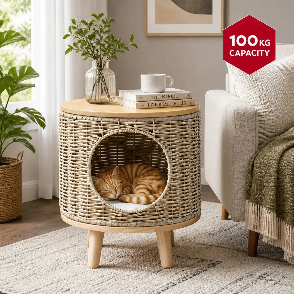 Wicker Side Table with Steel Frame 2-in-1 Coffee Table and Pet Bed Indoor Outdoor Beige