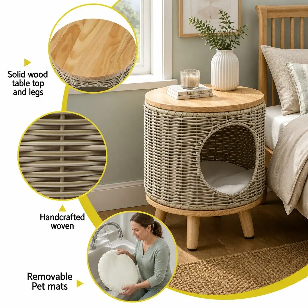 Wicker Side Table with Steel Frame 2-in-1 Coffee Table and Pet Bed Indoor Outdoor Beige